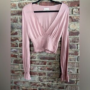 Urban Outfitters Pink Surplice Crop Top Smocked Waist Long Sleev
